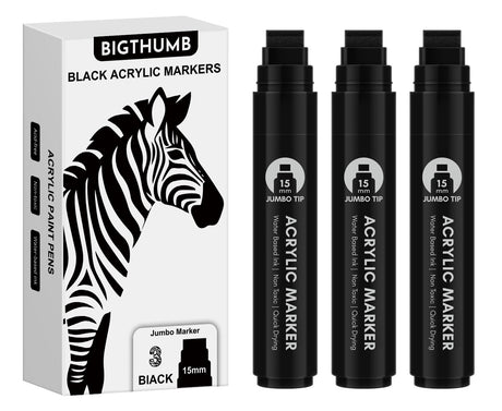 BIGTHUMB 3 Pcs Black Jumbo Permanent Markers: 15mm Wide Tip Thick Acrylic Paint Pen Large Calligraphy Marker for Rock Painting, Poster, Sign, Canvas, Glass, Wood, Ceramic BIGTHUMB