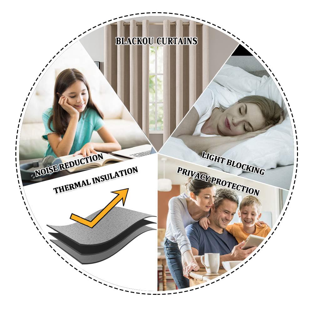 MIULEE 100% Blackout Linen Textured Curtains for Bedroom Solid Thermal Insulated Natural Beige Grommet Room Darkening Curtains & Drapes Luxury Decor for Living Room Nursery 52 x 84 Inch (2 Panels) MIULEE