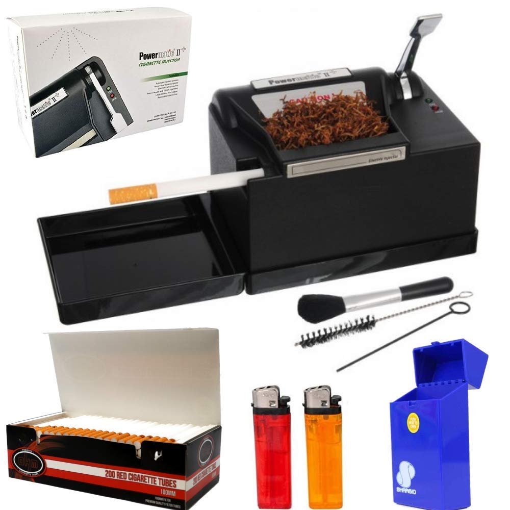 Powermatic 2PLUS Electric Cigarette Injector Machine+ Premier Blue Navy King Size Tubes, Cig Pack Holder for King Size Tubes and Two lighters by DELACRUZV. POWERMATIC BY DeLaCruzV