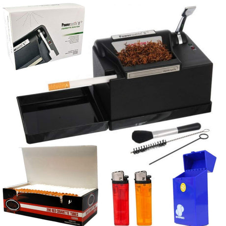 Powermatic 2PLUS Electric Cigarette Injector Machine+ Premier Blue Navy King Size Tubes, Cig Pack Holder for King Size Tubes and Two lighters by DELACRUZV. POWERMATIC BY DeLaCruzV