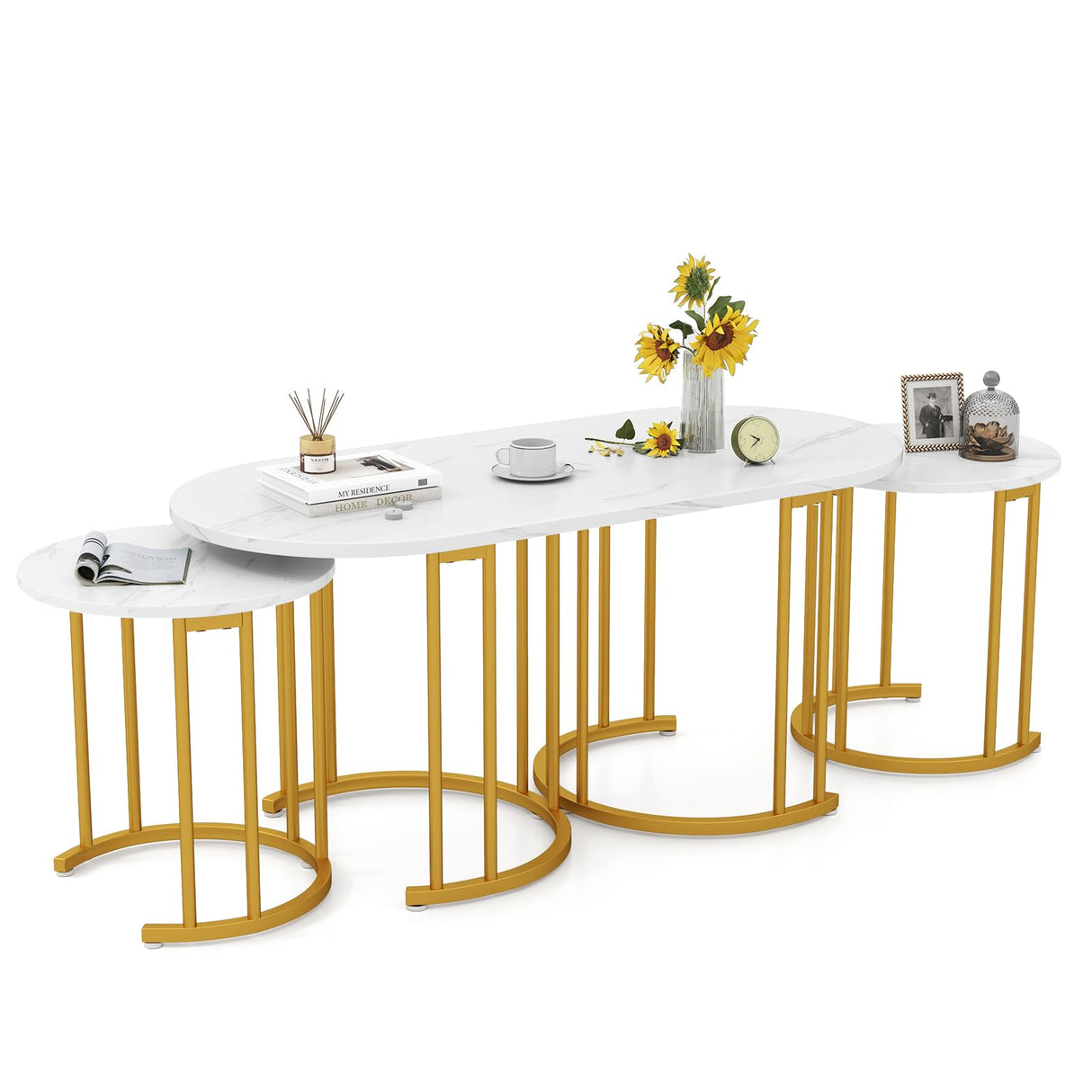 Giantex Nesting Coffee Table Set of 3, Stacking Side Tables with Faux Marble Tabletop & Gold Metal Frame, Oval Coffee Table & 2 Round End Tables, 3-Piece Modern Living Room Table Set for Apartment Giantex