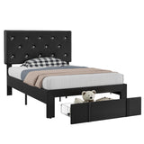 VECELO Twin Size Bed Frame with Storage Drawers, Leather Upholstered Bedframe with Diamond Tufted Headboard, Solid Wood Slat Support, No Box Spring Needed, PU Black VECELO