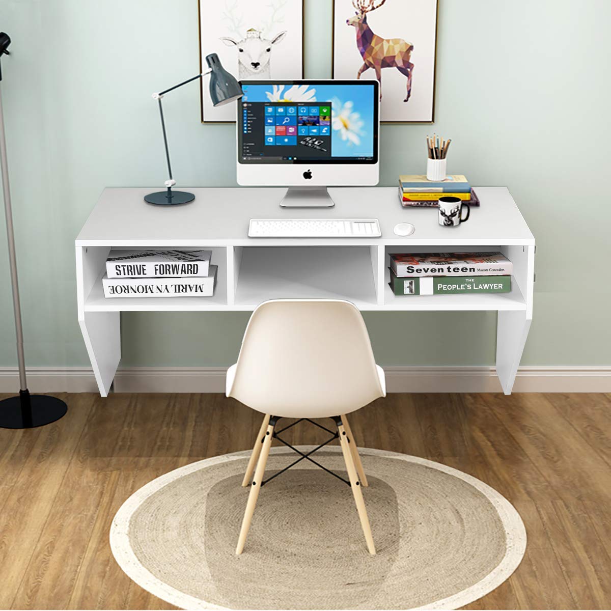 Giantex Wall Mounted Desk Floating Computer Desk, Writing Study Table W/3 Storage Shelves, Laptop PC Table for Living Room, Bedroom, Office (White) - WoodArtSupply