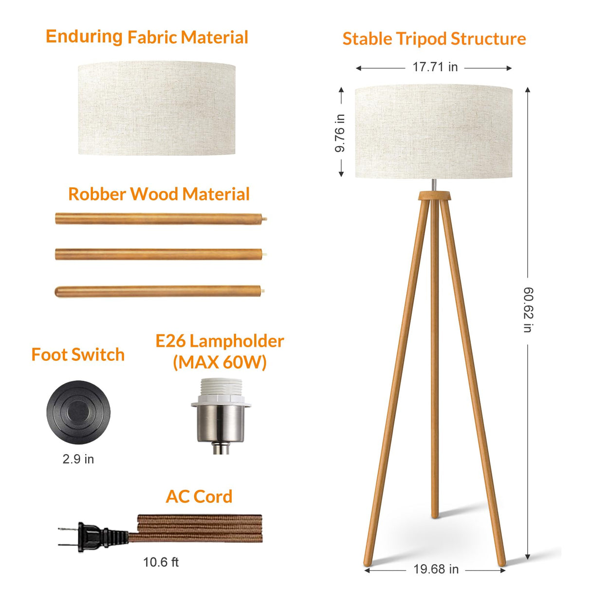 LEPOWER Wood Tripod Floor Lamp, Mid Century Standing Lamp for Living Room, Flaxen Lamp Shade, Modern Design Standing Lamp with E26 Lamp Base, Tall Floor Lamp for Bedroom, Study Room and Office Brown LEPOWER