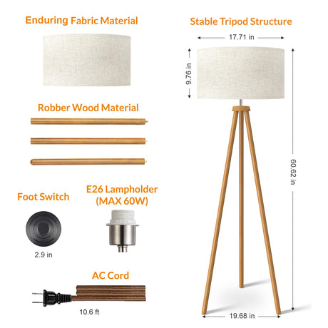 LEPOWER Wood Tripod Floor Lamp, Mid Century Standing Lamp for Living Room, Flaxen Lamp Shade, Modern Design Standing Lamp with E26 Lamp Base, Tall Floor Lamp for Bedroom, Study Room and Office Brown LEPOWER