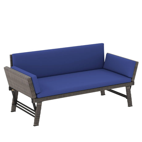 Tangkula Outdoor Convertible Sofa Daybed with Adjustable Armrests, PE Rattan Patio Couch Furniture with Thick Cushions, for Porch, Balcony, Backyard, Poolside (Navy) Tangkula