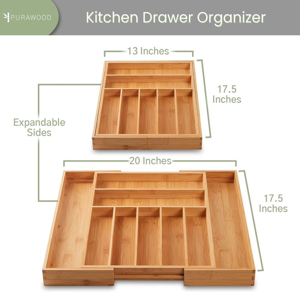 Purawood Bamboo Drawer Organizer - Expandable Silverware Organizer & Utensil Drawer Organizer, Cutlery Tray with Dividers, 7-9 Slots- Premium Kitchen Drawer Organizer for Utensils & Flatware (Natural) Purawood