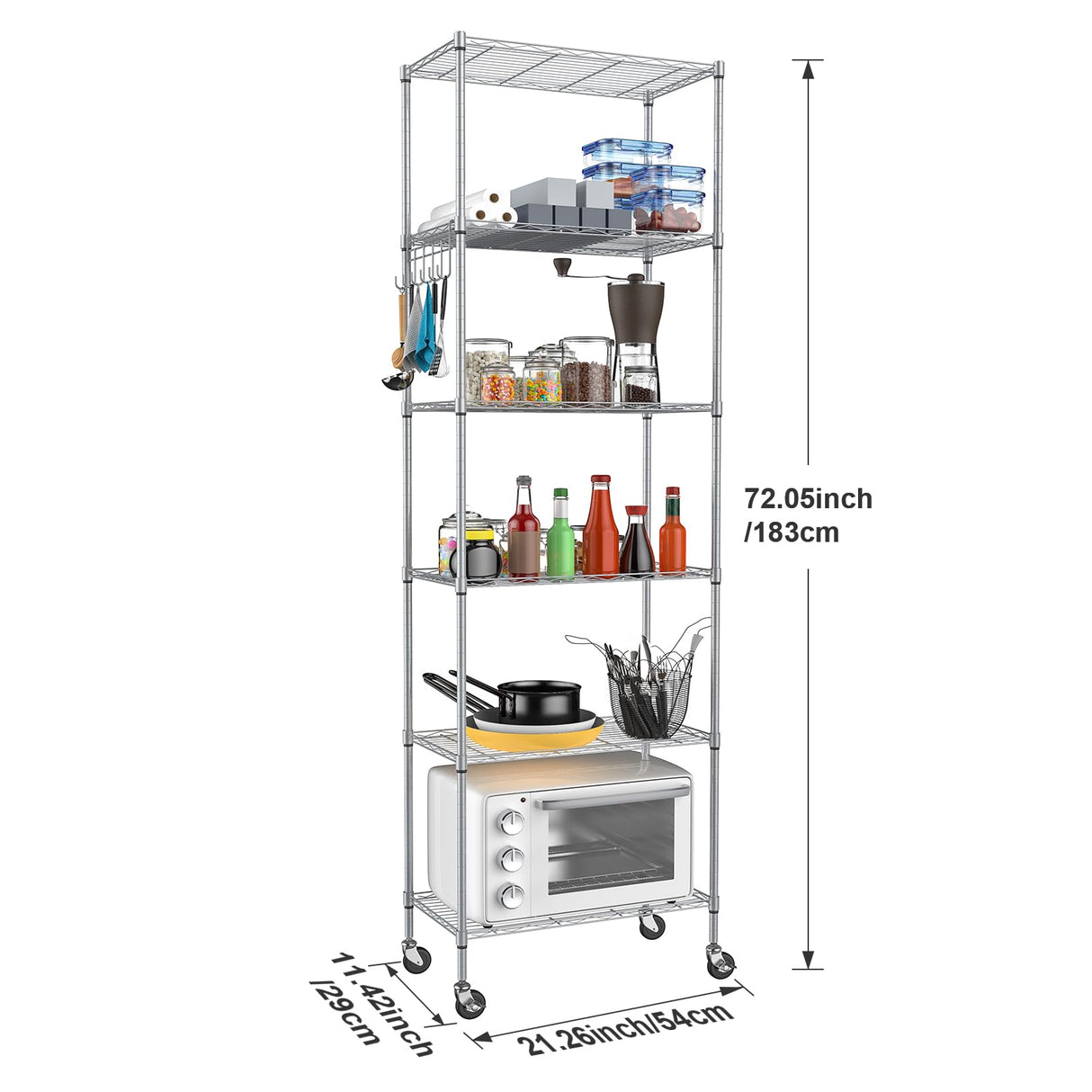 Homdox 6-Tier Storage Shelf Wire Shelving Unit Free Standing Rack Organization with Caster Wheels, Stainless Side Hooks, Silver Gray Homdox