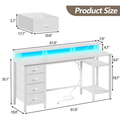 Furologee 61 Inch Desk with Power Outlets and LED Lights, Computer Desk with 4 Removable Drawers, White Office Desk with Long Monitor Stand, Large Gaming Desk with Shelves for Home Office/Bed - WoodArtSupply