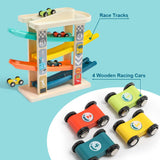 TOP Bright Toddler Wooden Race Track Car Ramp Toys for 1 2 Year Old Baby Motor Skills Race Tracks Car Ramp Vehicle Playsets with 4 Mini Cars and 1 Car Garage TOP BRIGHT