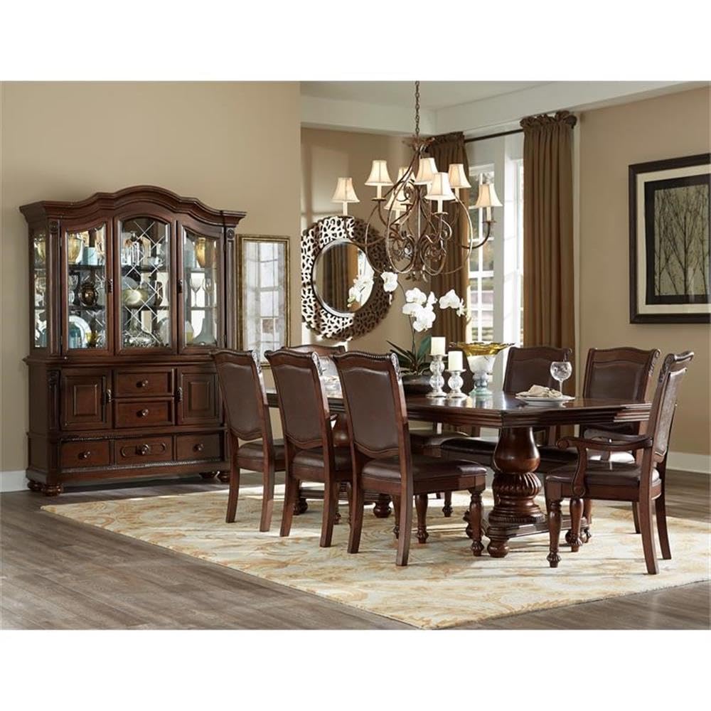 Pemberly Row Wood Dining Room Arm Chairs, Upholstered Faux Leather Seat and Back, Brown Cherry, Set of 2 Pemberly Row