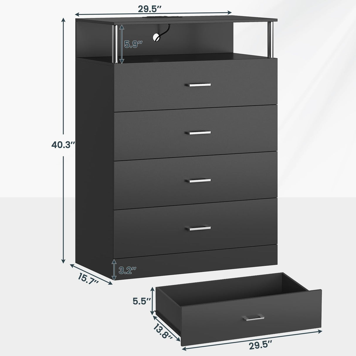 AOGLLATI Dresser for Bedroom with Column Design, 4 Drawer Dresser with Charging Station, Modern Bedroom Led Tall Black Dresser for Bedroom Closet AOGLLATI