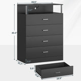AOGLLATI Dresser for Bedroom with Column Design, 4 Drawer Dresser with Charging Station, Modern Bedroom Led Tall Black Dresser for Bedroom Closet AOGLLATI