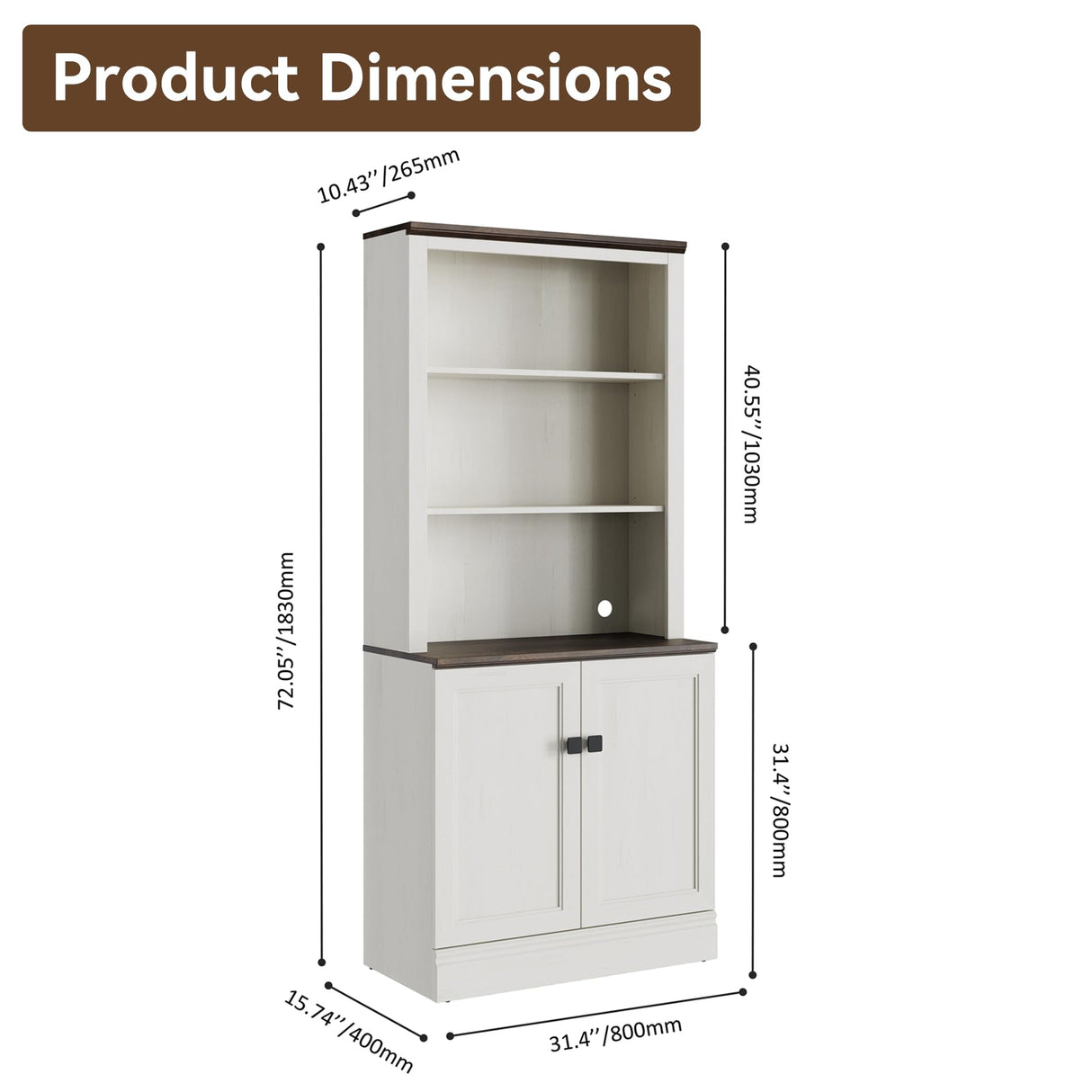 FENSULN 72 in Tall Bookshelf 5 Tier Bookcase with Adjustable Shelves, Antique White Book Shelf with Storage Cabinet, Wood Freestanding Display Bookshelves for Home Office，Bedroom, Living Room FENSULN