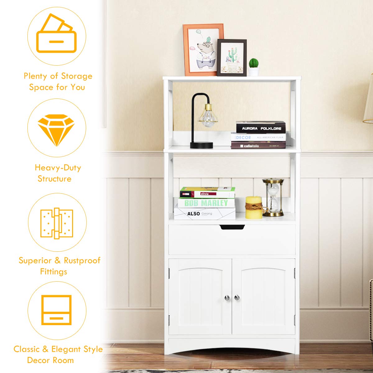 Tangkula Bathroom Floor Cabinet with Drawer, 2 Open Shelves and Door Cupboard, Multipurpose Free Standing Storage Cabinet for Bathroom Kitchen Living Room, 24 x 13 x 48 inch (White) Tangkula