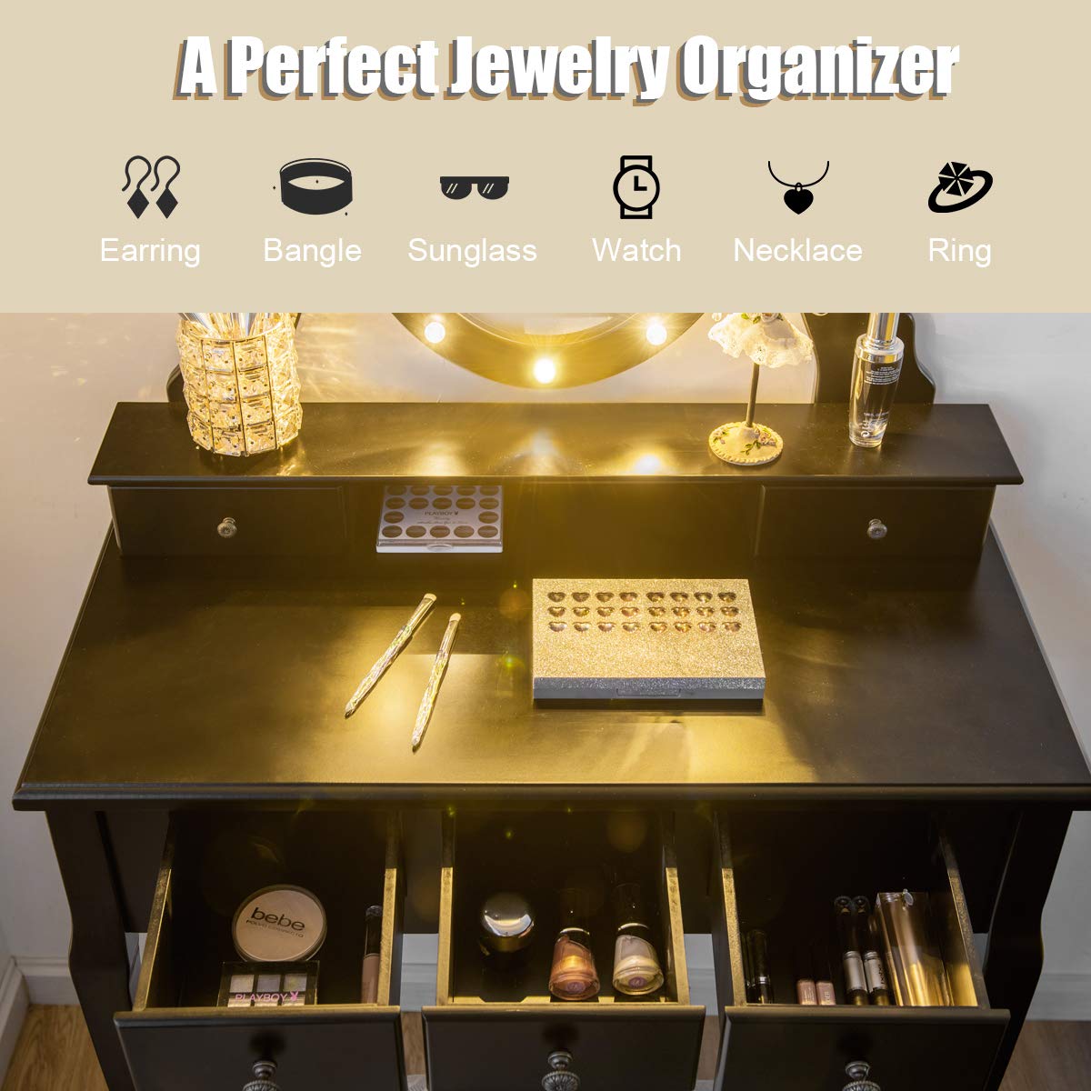 Giantex Vanity Table Set with 12 Lights Mirror, Bedroom Makeup Dressing Table with 360° Rotating Oval Mirror, 5 Drawers and Shelf, Modern Makeup Table with Cushioned Stool for Girls Women (Black) Giantex