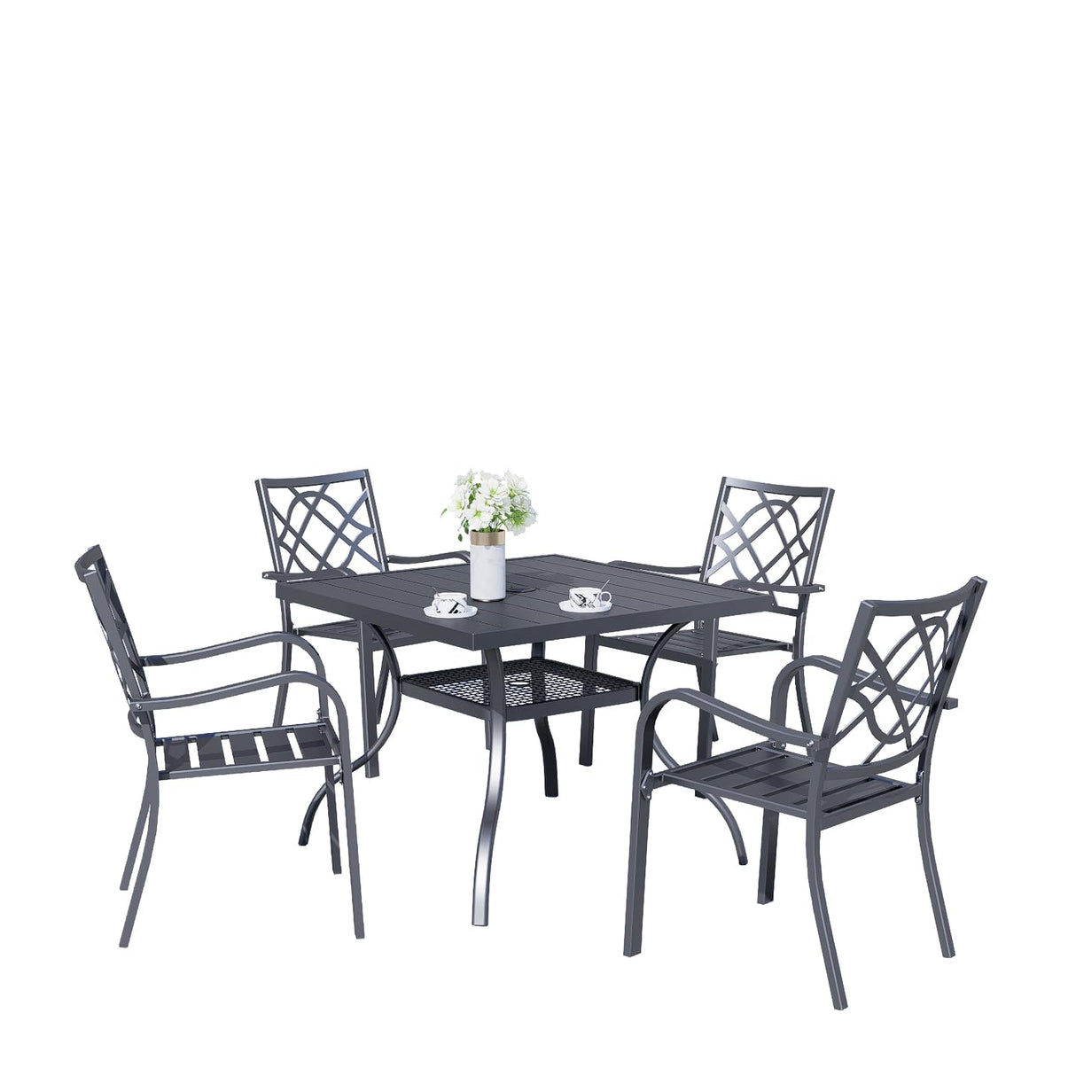 Crownland 5 Piece Outdoor Dining Set, Patio Metal Dining Sets, 4 Stackable Metal Chairs and Square Outdoor Dining Table with 1.57" Umbrella Hole, for Backyard, Lawn, Garden (Classic Black) Crownland