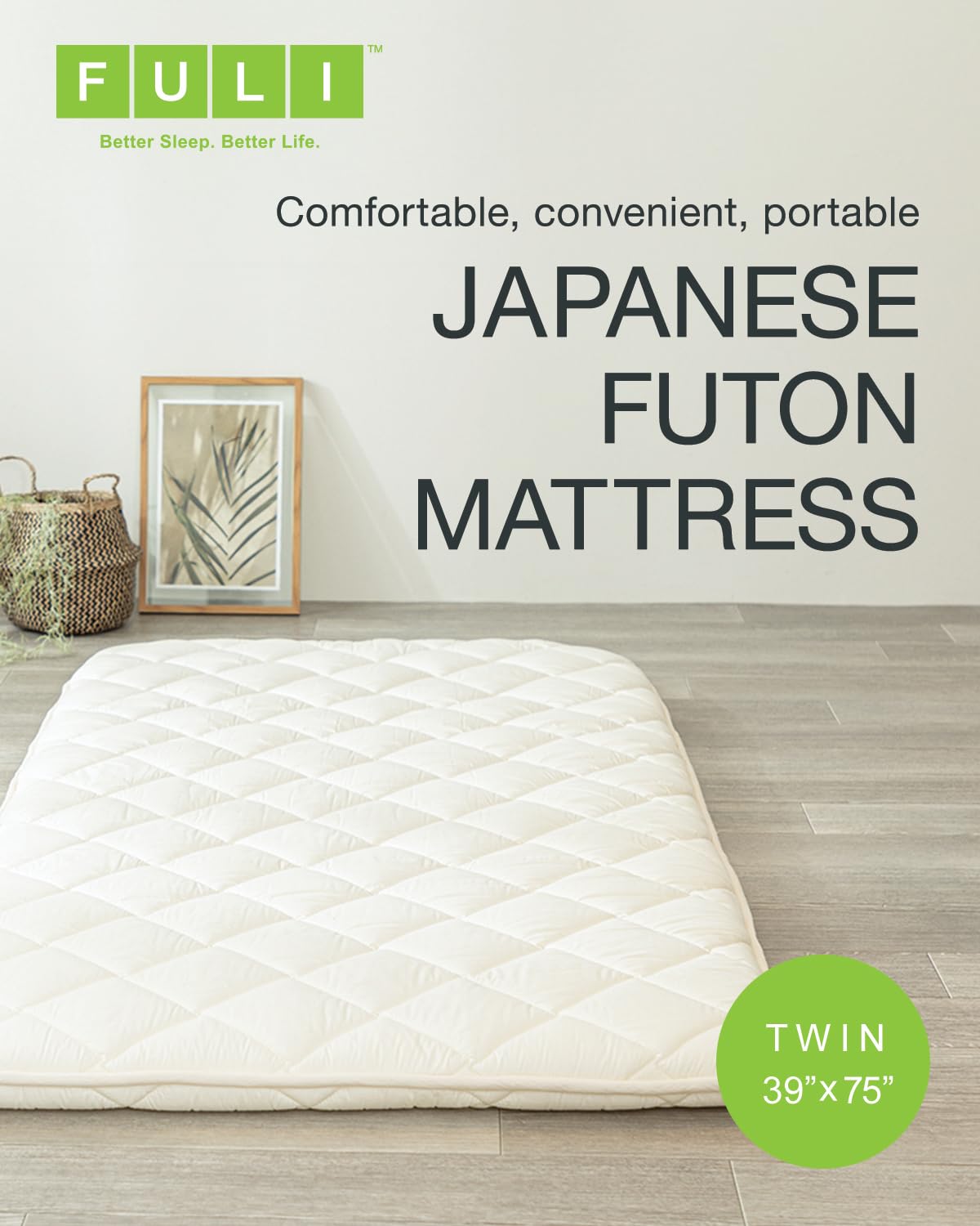 FULI Japanese futon Mattress, Foldable Japanese Floor Mattress, Japanese Floor Bed, Foldable Mattress, Futon Mattress, Made in Japan (White, Twin)