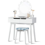 Giantex Vanity Set with Round Lighted Mirror, Makeup Dressing Table with 8 Light Bulbs and Brightness Adjustable, Bedroom Makeup Table with Cushioned Stool and 2 Sliding Drawers (White) Giantex