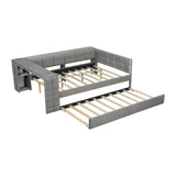 Merax Full Size Velvet Fabric Upholstered Platform Bed with Storage Shelves, Built-in Desk, USB Charging Station & Twin Trundle, Space-Saving Bed Frame for Small Rooms, Grey Merax