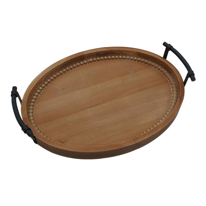 Oval Rustic Wooden Decorative Tray, Serving Tray with Metal Handles, Ottoman Coffee Table Tray, Farmhouse Centerpiece for Kitchen or Living Room (Brown)