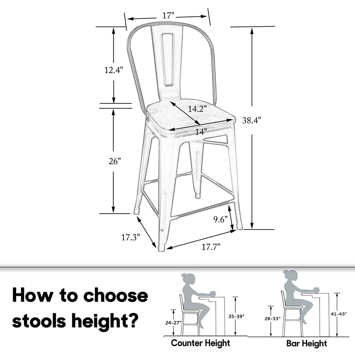 HAOBO Home 26" High Back Metal Counter Stool Height Bar Stools with Wooden Seat [Set of 4], Black HAOBO Home