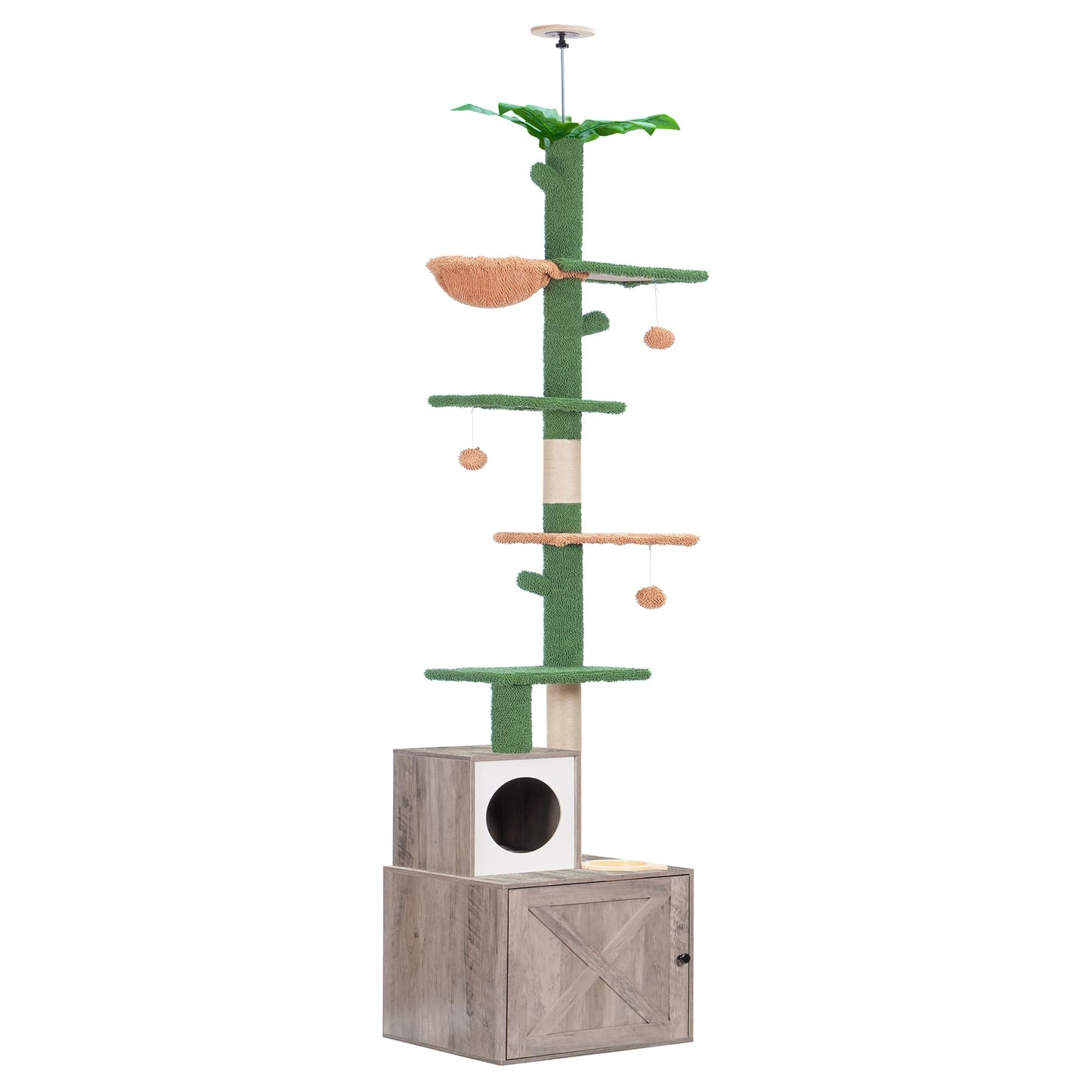 Heybly Cat Tree Floor to Ceiling，Cactus Cat Tower with Adjustable Height(97-108 Inches) and Wood Litter Box Enclosure,Cat Condo Furniture with Cozy Basket and Scratching Board Rustic Gray HCT - WoodArtSupply