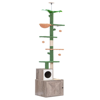 Heybly Cat Tree Floor to Ceiling，Cactus Cat Tower with Adjustable Height(97-108 Inches) and Wood Litter Box Enclosure,Cat Condo Furniture with Cozy Basket and Scratching Board Rustic Gray HCT - WoodArtSupply