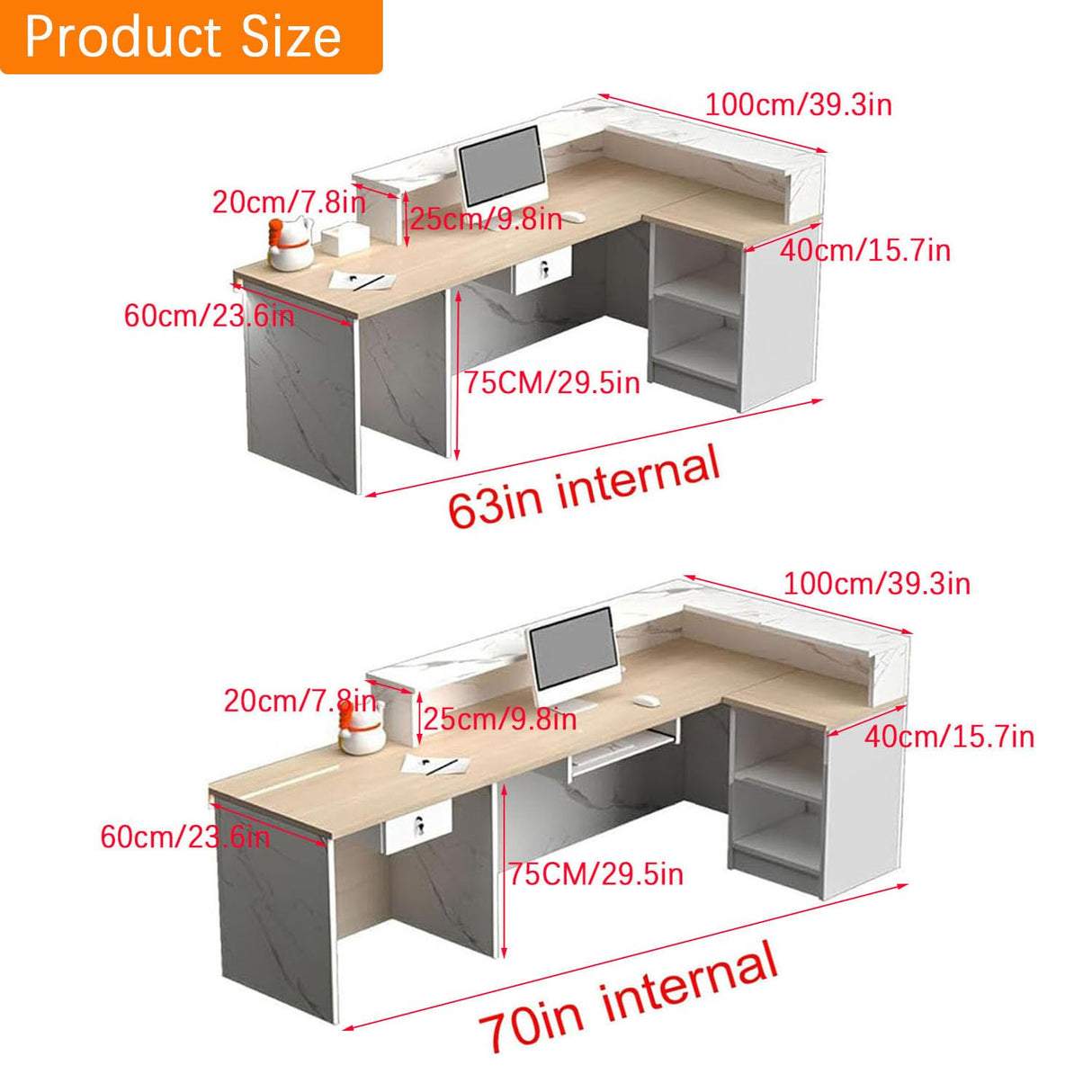 L-Shaped Reception Desk,Modern Reception Counter Retail Checkout Counter with LED Lighting & Lockable Drawers Door Cabinet for Lobby Salon Shop(White+Wood-Left, 63inch/160cm) Generic