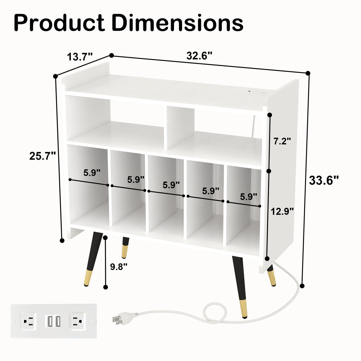 LABROSKIA Record Player Stand with Vinyl Storage: White Wooden Cabinet for Turntable, Modern Media Console, Stereo LP Holder, Album Display Shelf with USB and Outlet (White) LABROSKIA