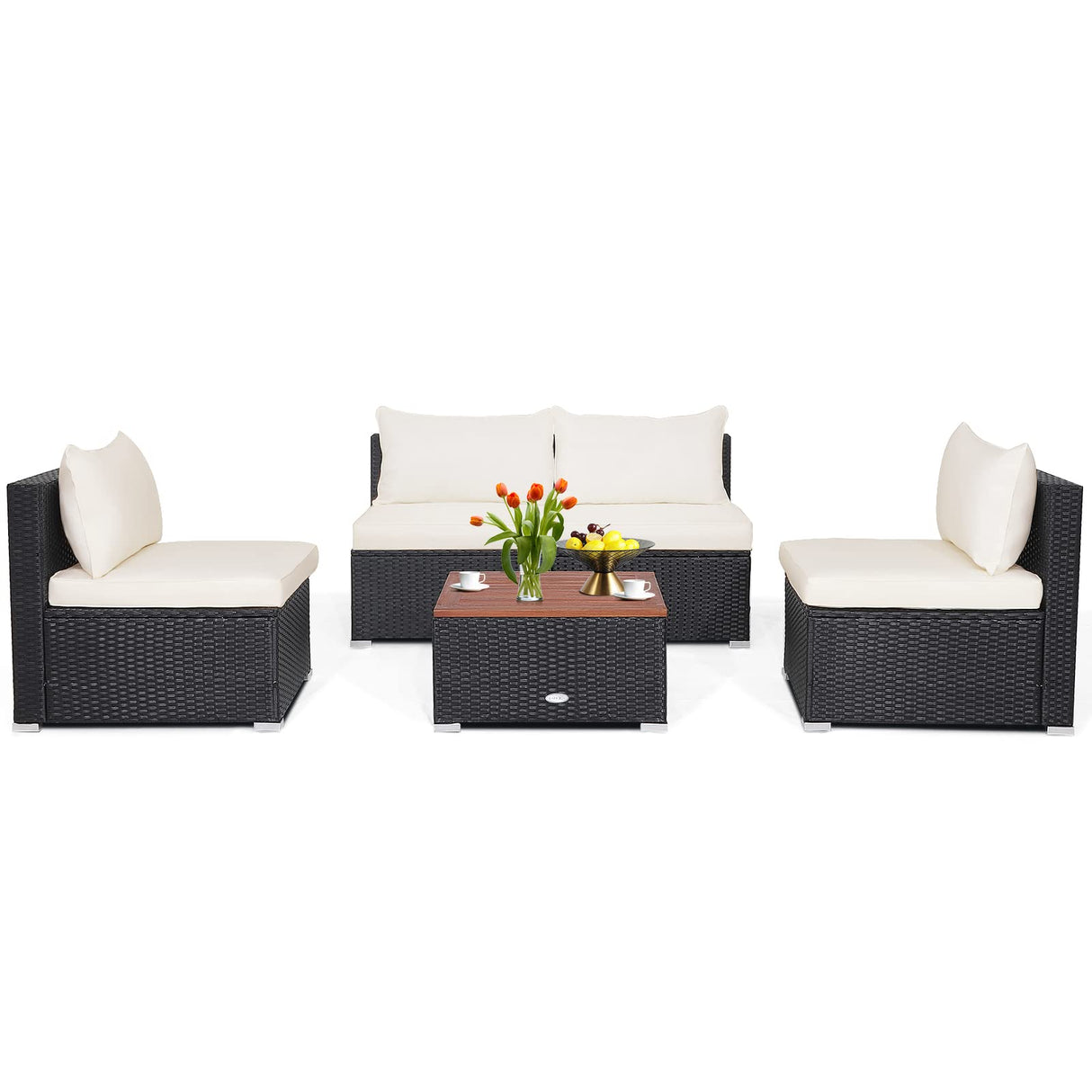 Tangkula 5 Piece Outdoor Patio Furniture Set, Patiojoy PE Wicker Conversation Set with Solid Acacia Wood Tabletop and Soft Cushions, Patio Sectional Sofa Furniture Set for Garden, Poolside (Off White) Tangkula