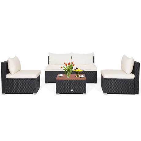 Tangkula 5 Piece Outdoor Patio Furniture Set, Patiojoy PE Wicker Conversation Set with Solid Acacia Wood Tabletop and Soft Cushions, Patio Sectional Sofa Furniture Set for Garden, Poolside (Off White) Tangkula