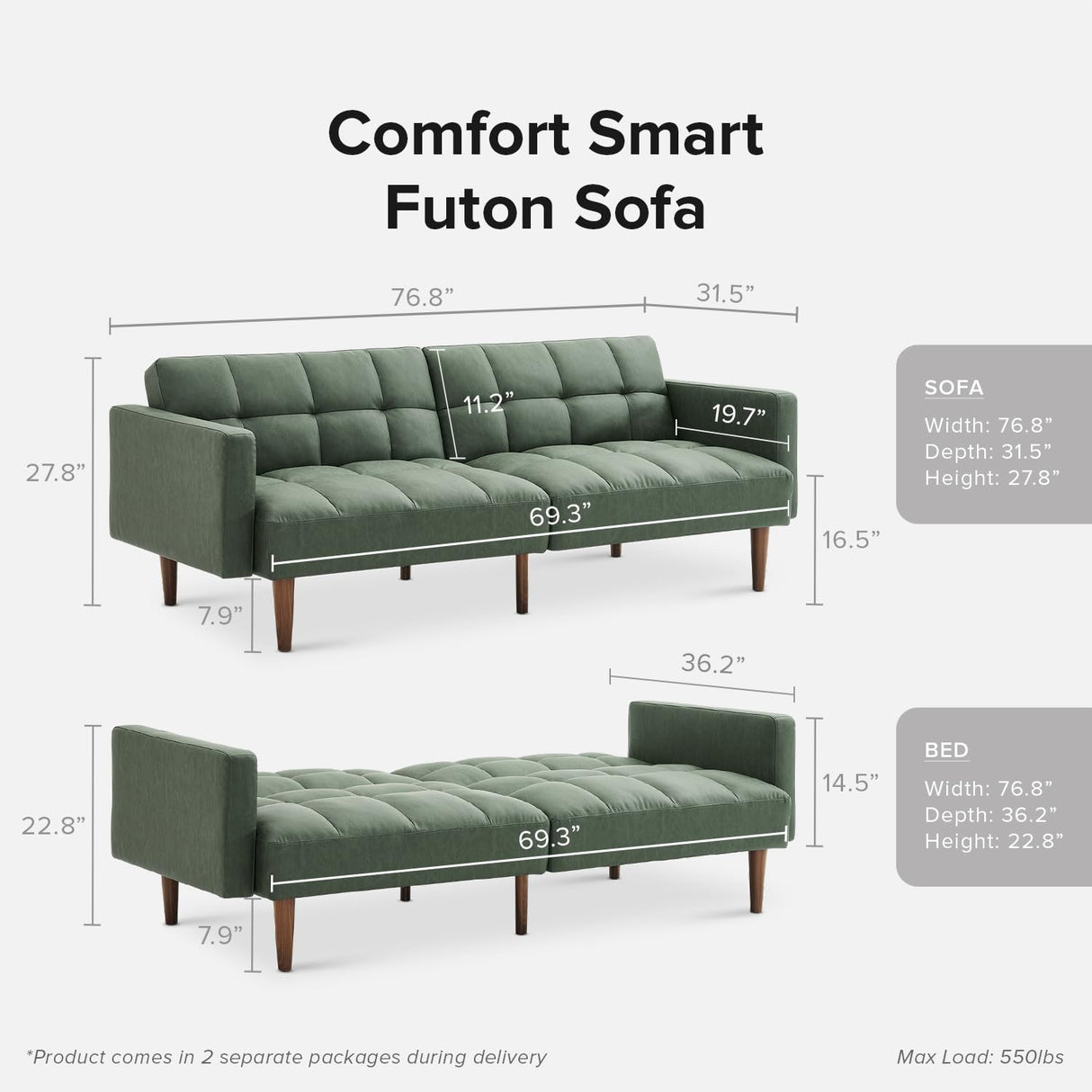 mopio Aaron 76.8" Couch, Small Futon Sofa Bed, Sleeper, Loveseat, Mid Century Modern Futon Couch, Sofa Cama, Couches for Living Room, Bedroom (Sage Green, Faux Leather) mopio
