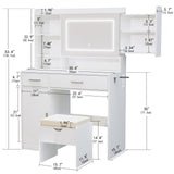 Viaozutis Vanity Desk with Mirror and Lights, with Hidden Shelves,4 Compartments,2 Drawers,Cabinet & Stool,Dimmable LED Lights,Power Outlets, Ideal for Bedroom Vanity Organization(White) Viaozutis