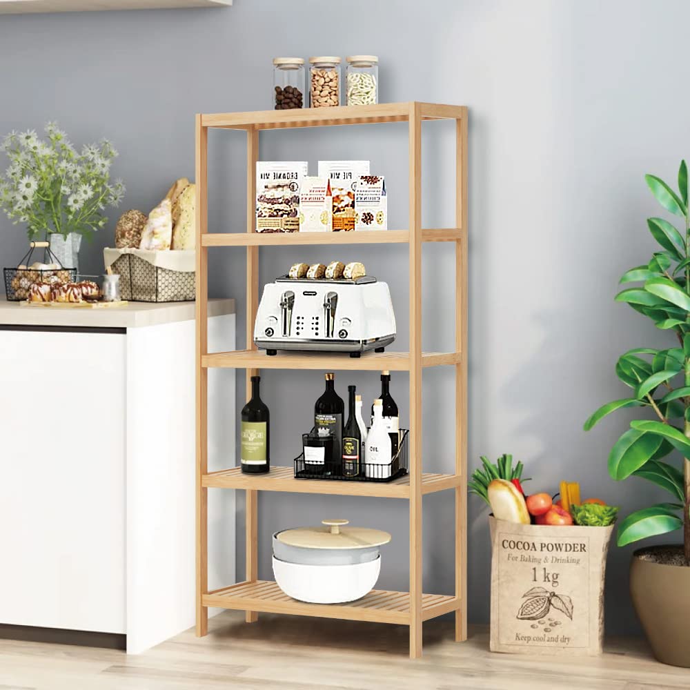 HLXZN 5 Tier Bamboo Freestanding Shelf Unit, Multifunctional Bookshelf Bookcase for Bathroom, Kitchen, Living Room, Office HLXZN