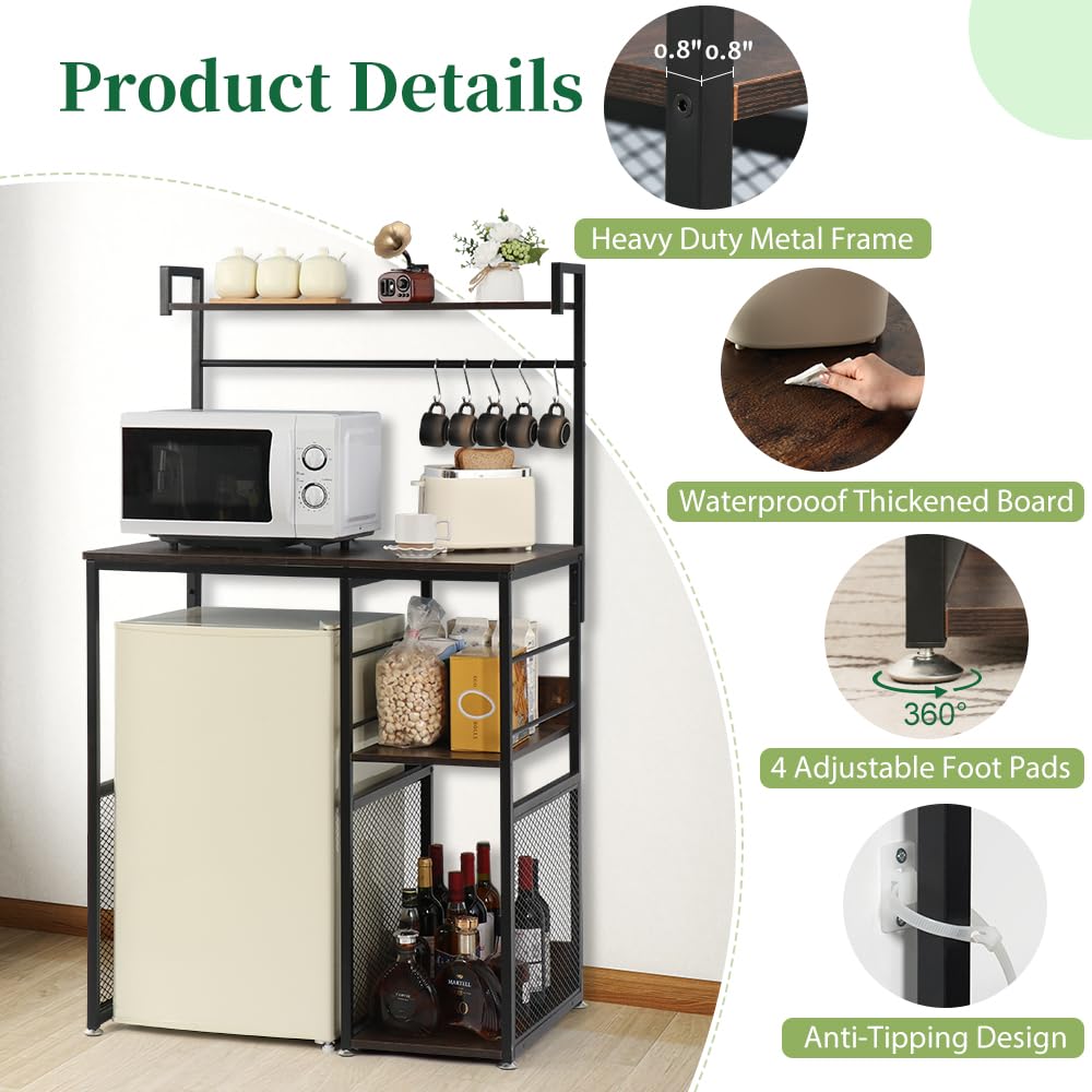 AGESISI 4-Tier Mini Fridge Cabinet Microwave Stand with Storage, 22.8"D x 35"W x 60.9"H Bakers Rack Shelf with 5 S-Shaped Hooks, Freestanding Coffee Bar Organizer for Kitchen Dorm Home, Rustic Brown AGESISI