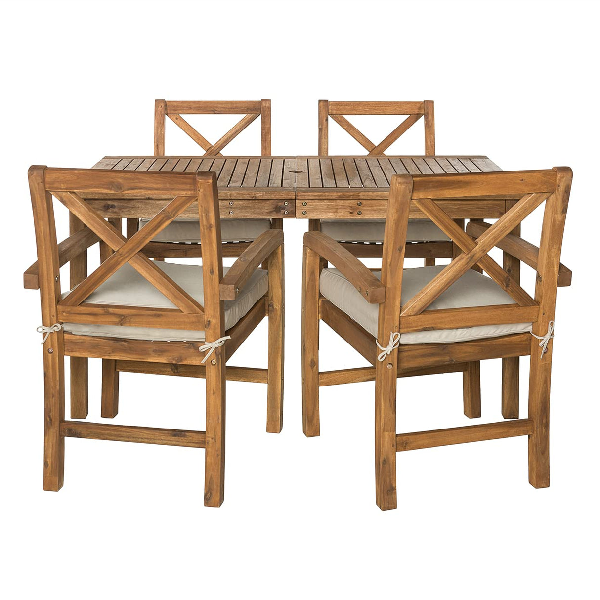 Walker Edison Delray Classic 5 Piece Acacia Wood Outdoor Dining Table and X-Back Chair Set with Cushions, Set of 5, Brown Walker Edison