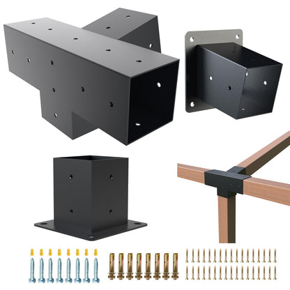 Pergola Kit, 15° 4-Way Slanted Roof Pergola Bracket Set, Powder-Coated Roof Wall Mount Pergola Brackets 4" x 4" (Actual: 3.5x3.5 Inch), Pergola Hardware for Porch Gazebo Backyard (3 pcs)