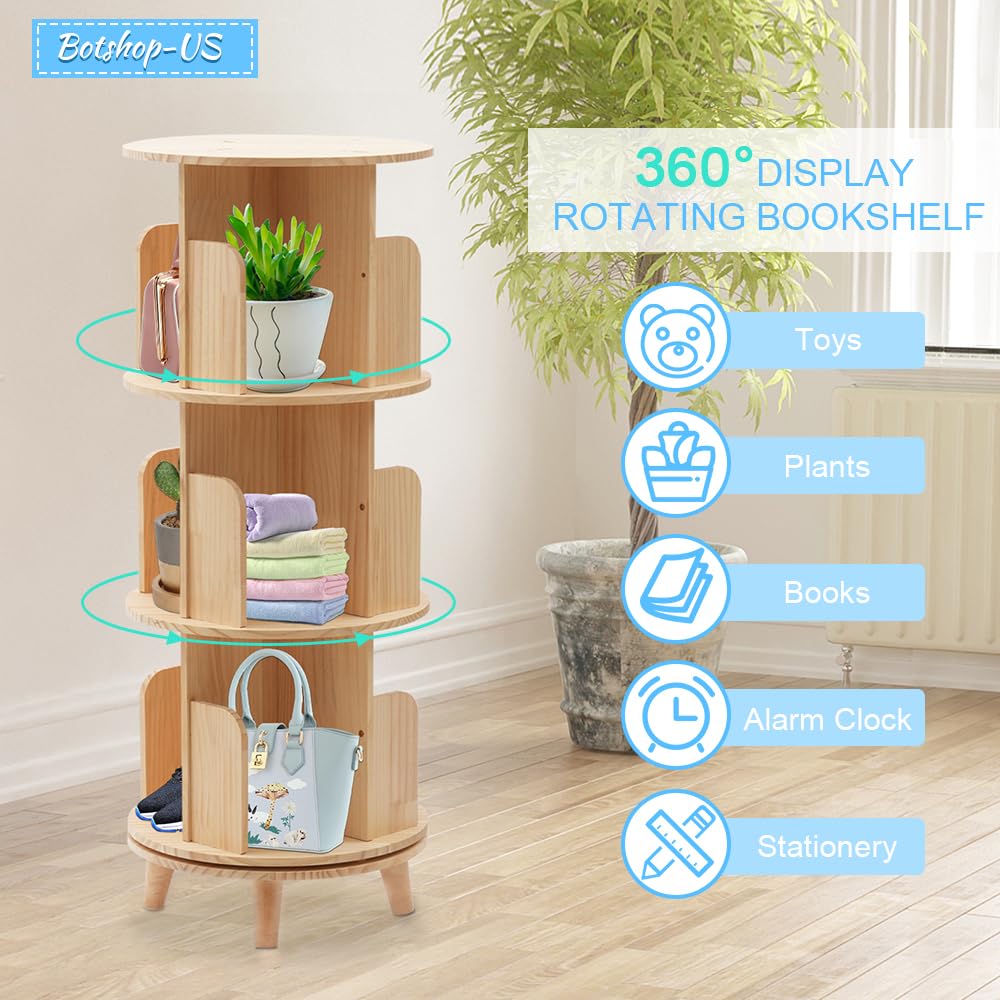 Gdrasuya10 3 Tier 360° Rotating Wooden Bookshelf – Stylish Floor-Standing Book Storage Organizer for Any Room Gdrasuya10