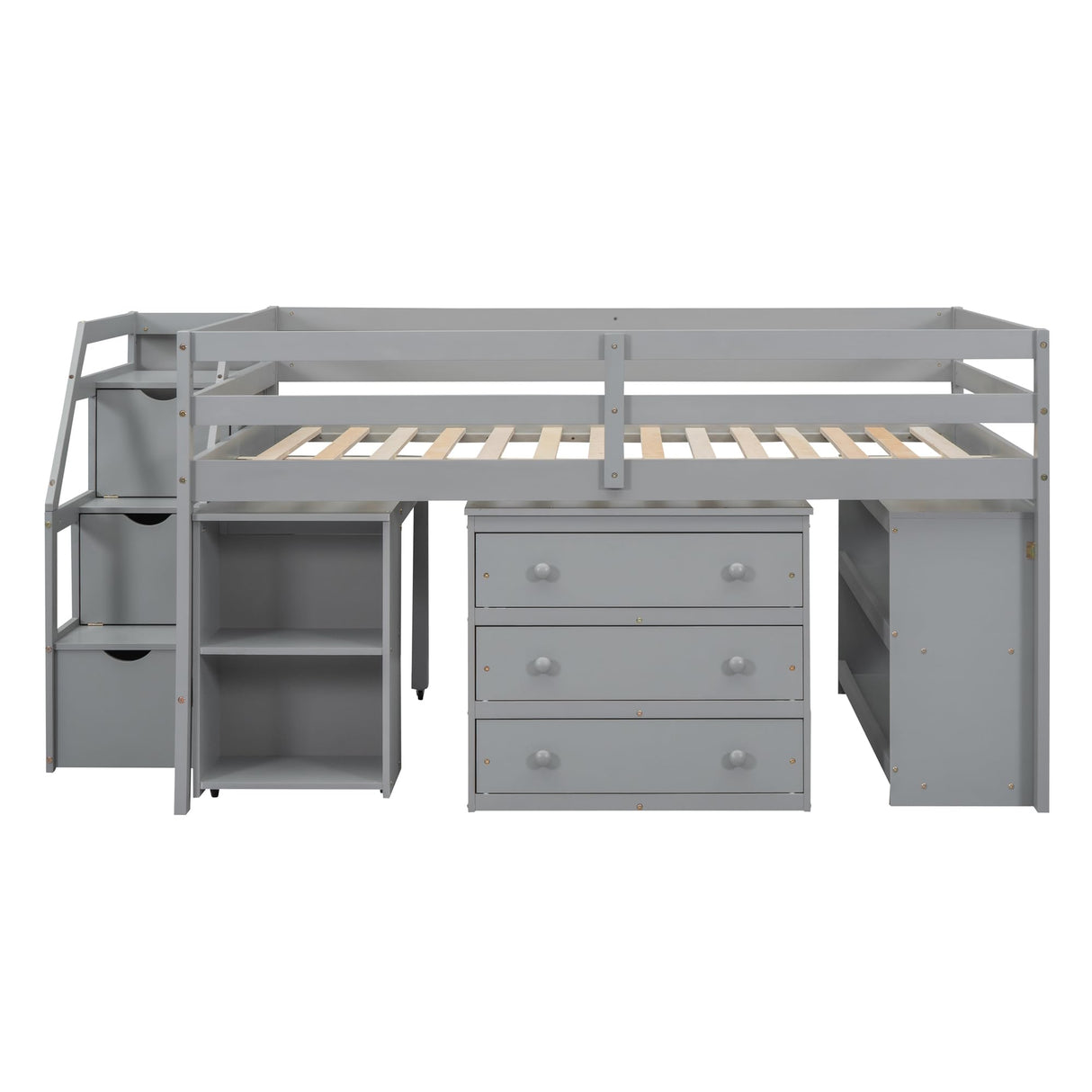 Harper & Bright Designs Grey Full Low Loft Bed with Storage, Stairs, and Rolling Desk Harper & Bright Designs