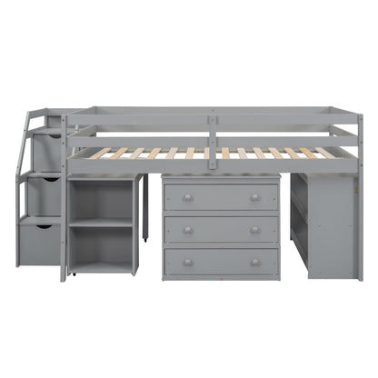 Harper & Bright Designs Grey Full Low Loft Bed with Storage, Stairs, and Rolling Desk - WoodArtSupply