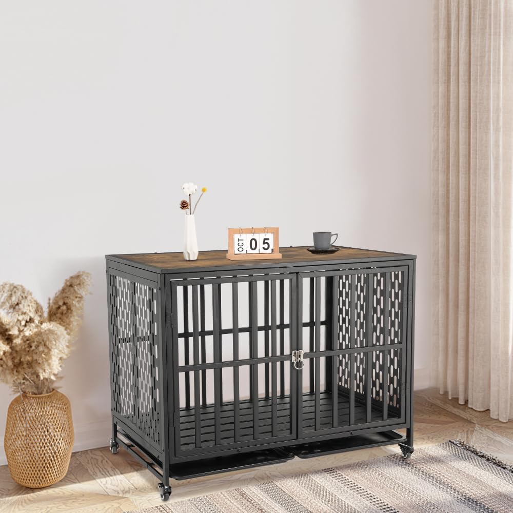 HIDOG 42'' Dog Crate Furniture, Wooden Dog Kennel with Lockable Wheels, Dog Crate End Table with Trays, Decorative Dog Kennel Indoor, Heavy Duty Dog Cage for Medium Large Dogs, Rustic Brown HIDOG