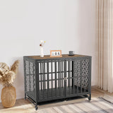 HIDOG 42'' Dog Crate Furniture, Wooden Dog Kennel with Lockable Wheels, Dog Crate End Table with Trays, Decorative Dog Kennel Indoor, Heavy Duty Dog Cage for Medium Large Dogs, Rustic Brown HIDOG