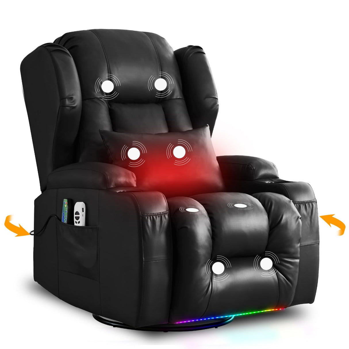 Oprisen Power Swivel Rocker Recliner Chair Home Theater Seating Electronic Glider Chair Upholstered Movie Gaming Reclining Sofa w/Heat Massage/LED Light/USB Port/Cup Holders/Pockets Oprisen
