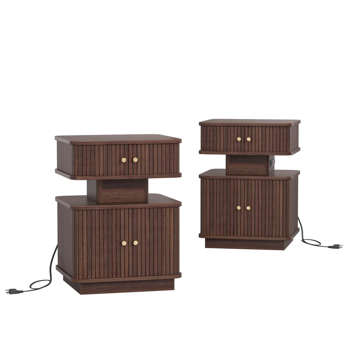 Night Stand Set of 2, LED Nightstand, Bedroom Night Stand with Charging Station, 2 Drawer Nightstand, Modern Nightstands with Curvy Edge and Sliding Door, Bedside Table for Bedroom, Walnut AKMAKM