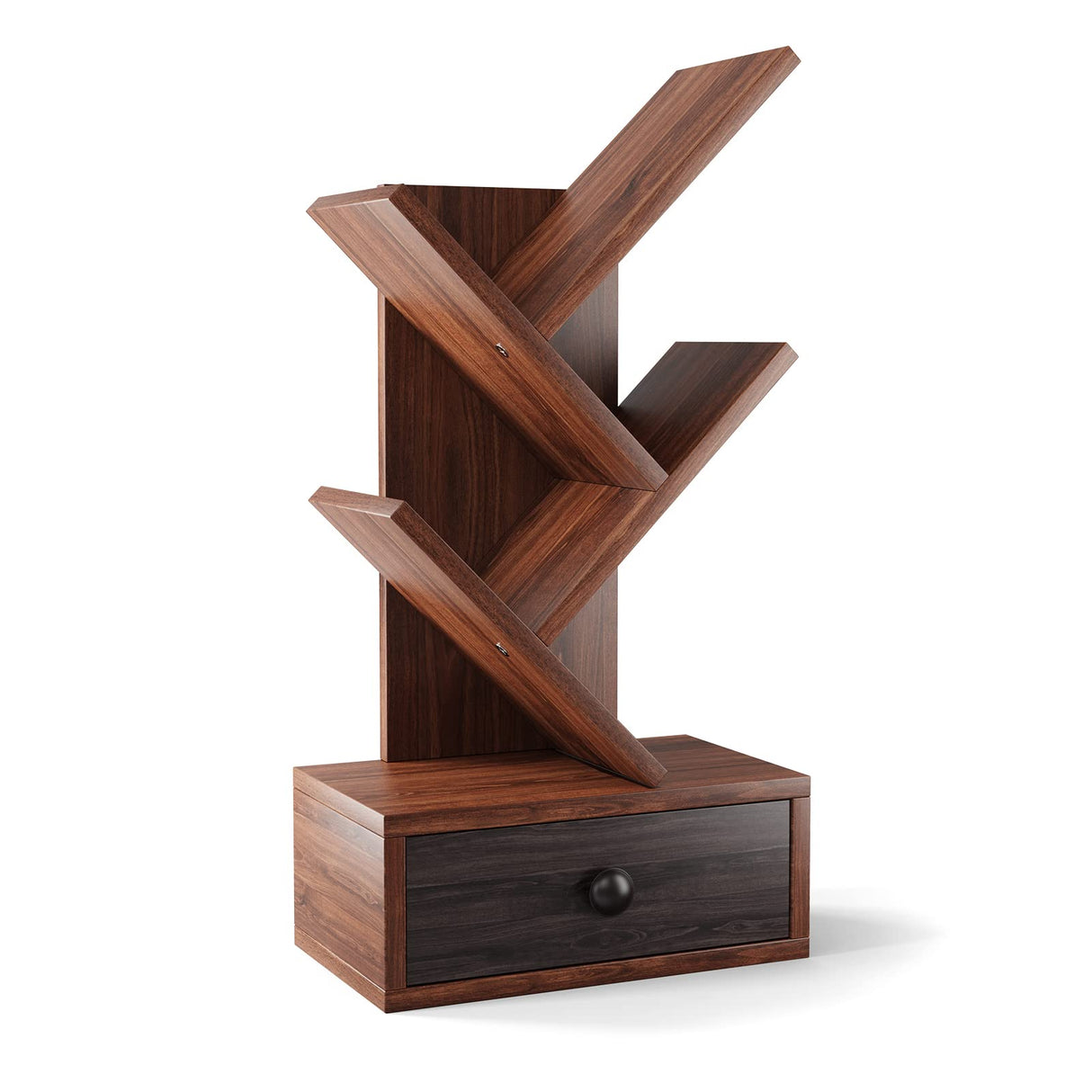 Giantex 5-Tier Tree Bookshelf with Drawer - Freestanding Retro Small Book Storage Rack for Small Place, Kids Room Wooden Decorative Bookcase with Storage for CDs, Magazines, Books, Brown Giantex