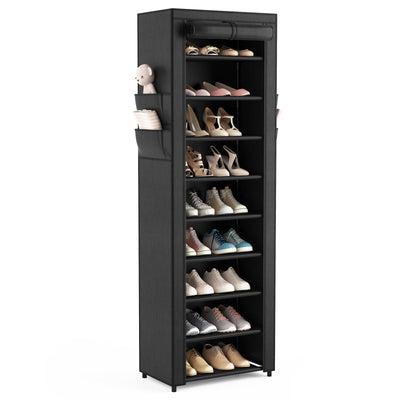 VILICK Shoe Rack with Cover Narrow Shoe Organizer with 4 Side Pockets 10 Tier Tall Shoe Storage Holds 18-22 Pairs Shoes and Boots Shoe Rack for Closet Entryway Garage