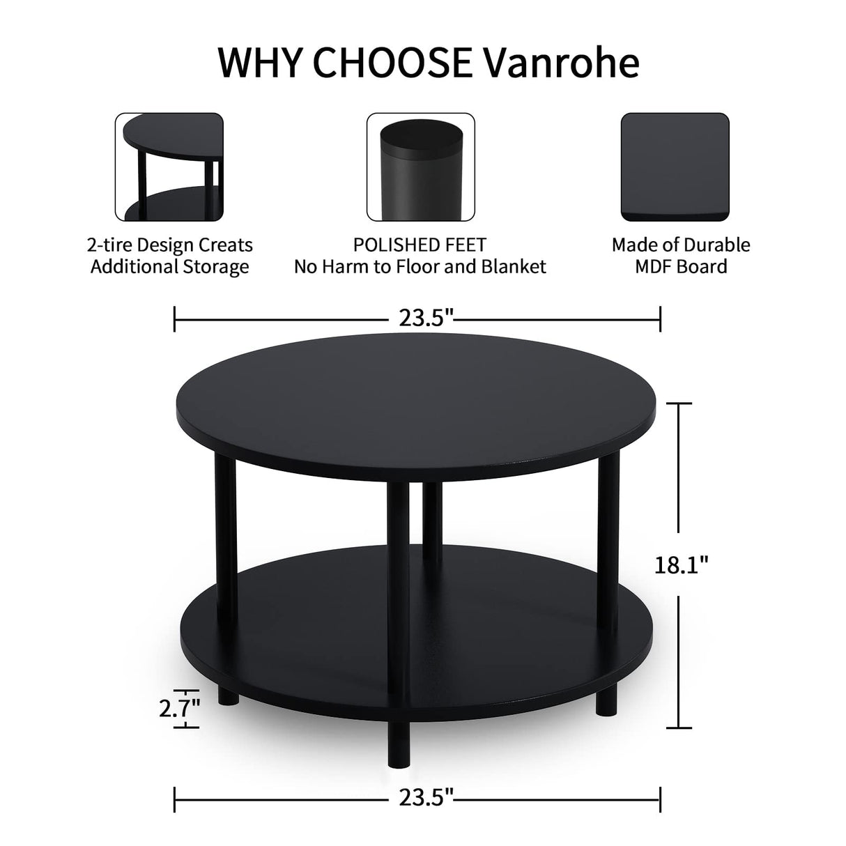 Vanrohe Small Round Coffee Table with Open Storage for Small Space, 23.5" Black 2-Tier Wooden Center Table for Living Room, Metal Legs, Easy to Assemble Vanrohe