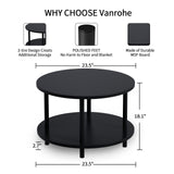 Vanrohe Small Round Coffee Table with Open Storage for Small Space, 23.5" Black 2-Tier Wooden Center Table for Living Room, Metal Legs, Easy to Assemble Vanrohe