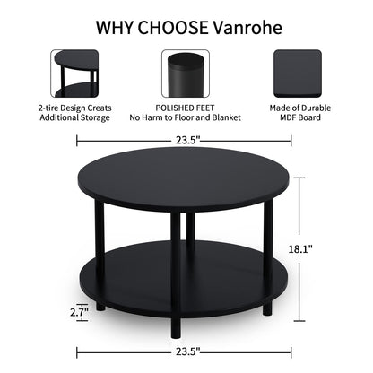 Vanrohe Small Round Coffee Table with Open Storage for Small Space, 23.5" Black 2-Tier Wooden Center Table for Living Room, Metal Legs, Easy to Assemble - WoodArtSupply